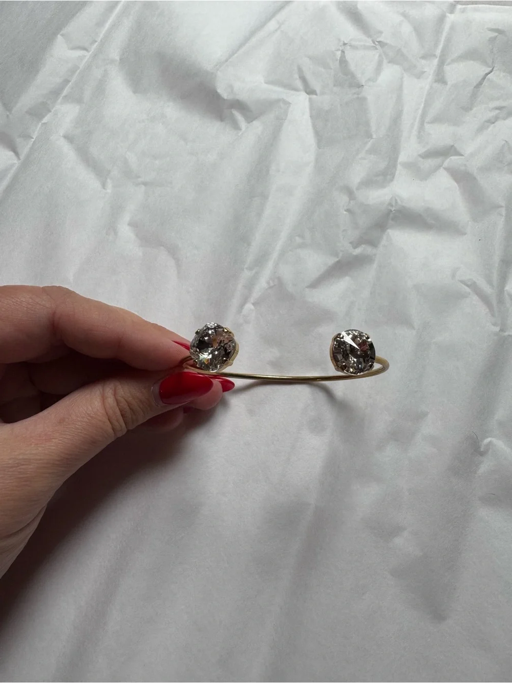Gold Open Cuff Bracelet with Clear Crystal Ends - Women Jewelry